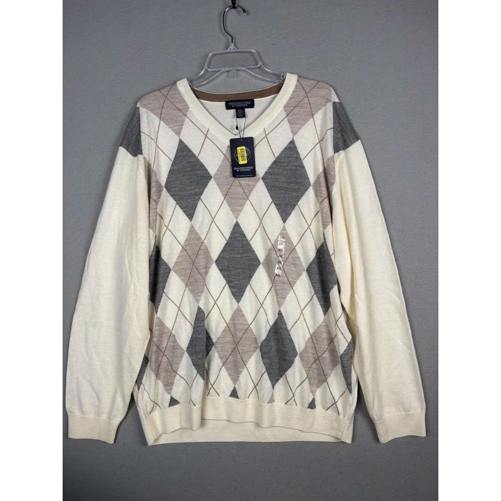 Roundtree & Yorke Sweater Mens 2XL White Argyle Merino Wool V Neck Knit Pullover